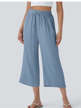 Halara Womens Wide Leg Pants Light Blue Elastic Waist Linen Feel Trousers S